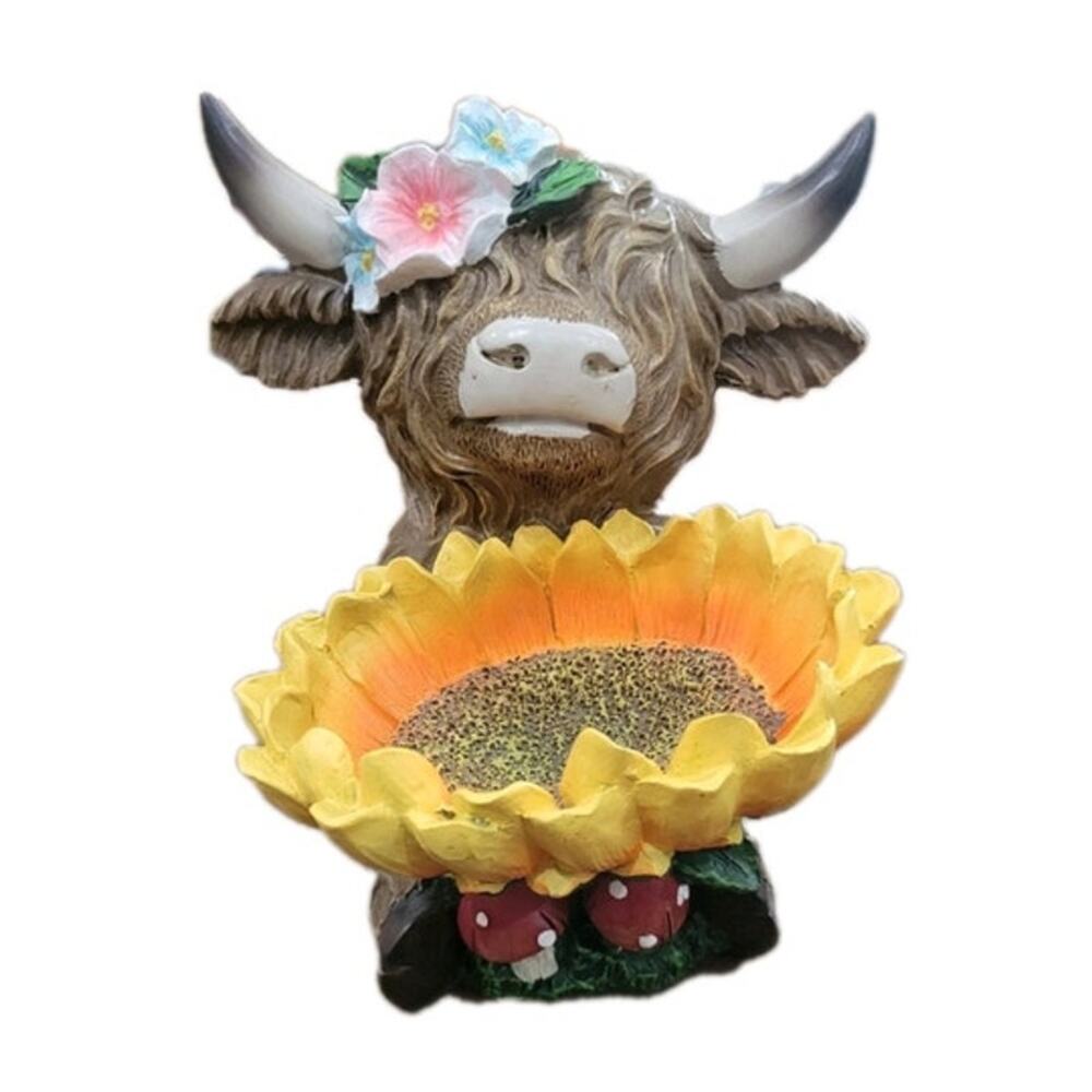 Highland Cow Figurine Spring‎ Summer Garden Sunflower Resin 11 Inch - New